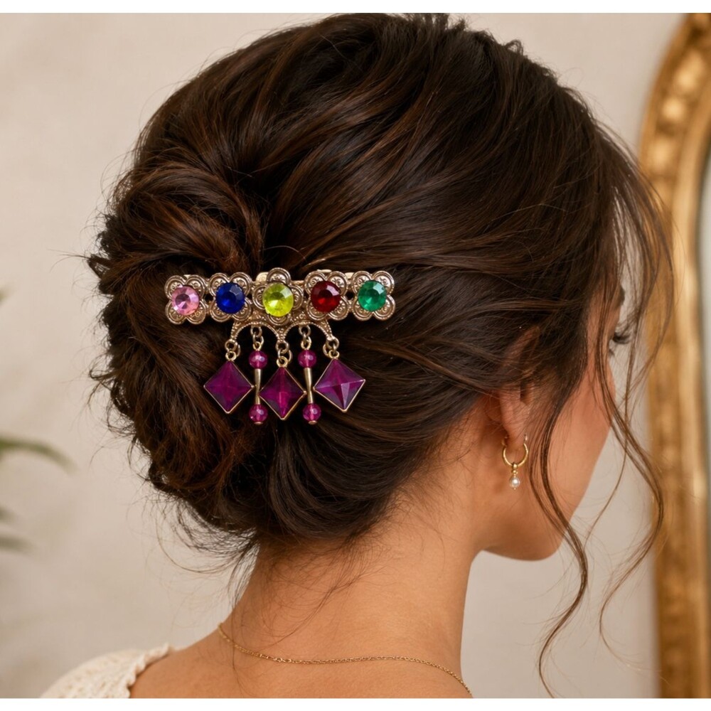 Vintage Korean Rhinestone Hair Barrette Dangle Charm Clip Multicolor Gold Tone